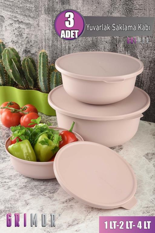 3 Lü Kapaklı Kase Yemek Saklama Kabı- Çırpma Kabı Pembe (4LT 2LT 1LT)-derin Dondurucu Ve Mikrodalga